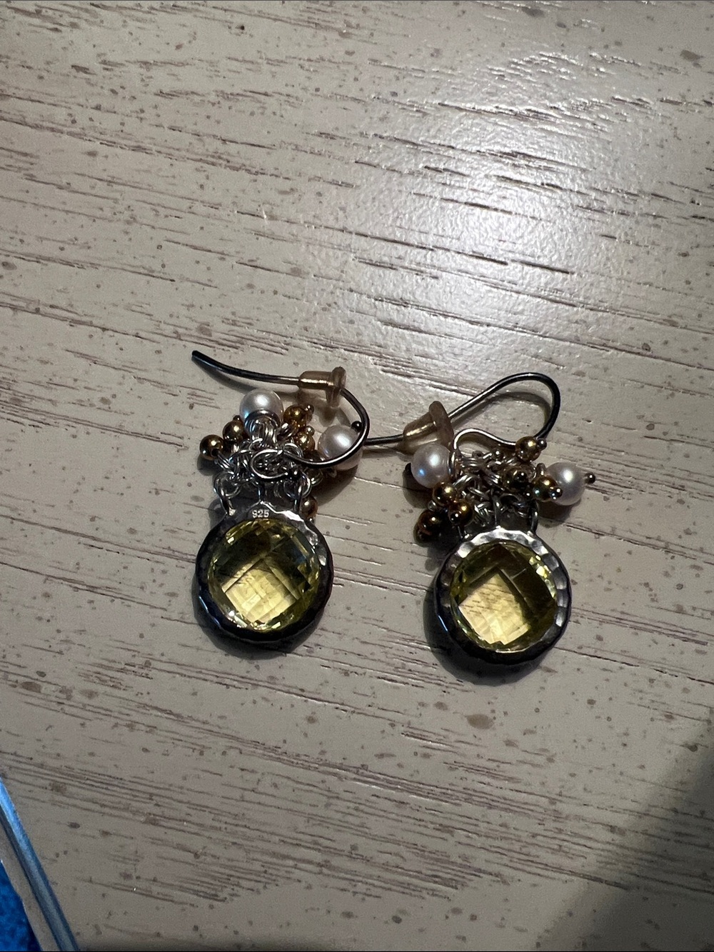 Sterling Silver yellow Crystal Drop Earrings with Pearl Accents